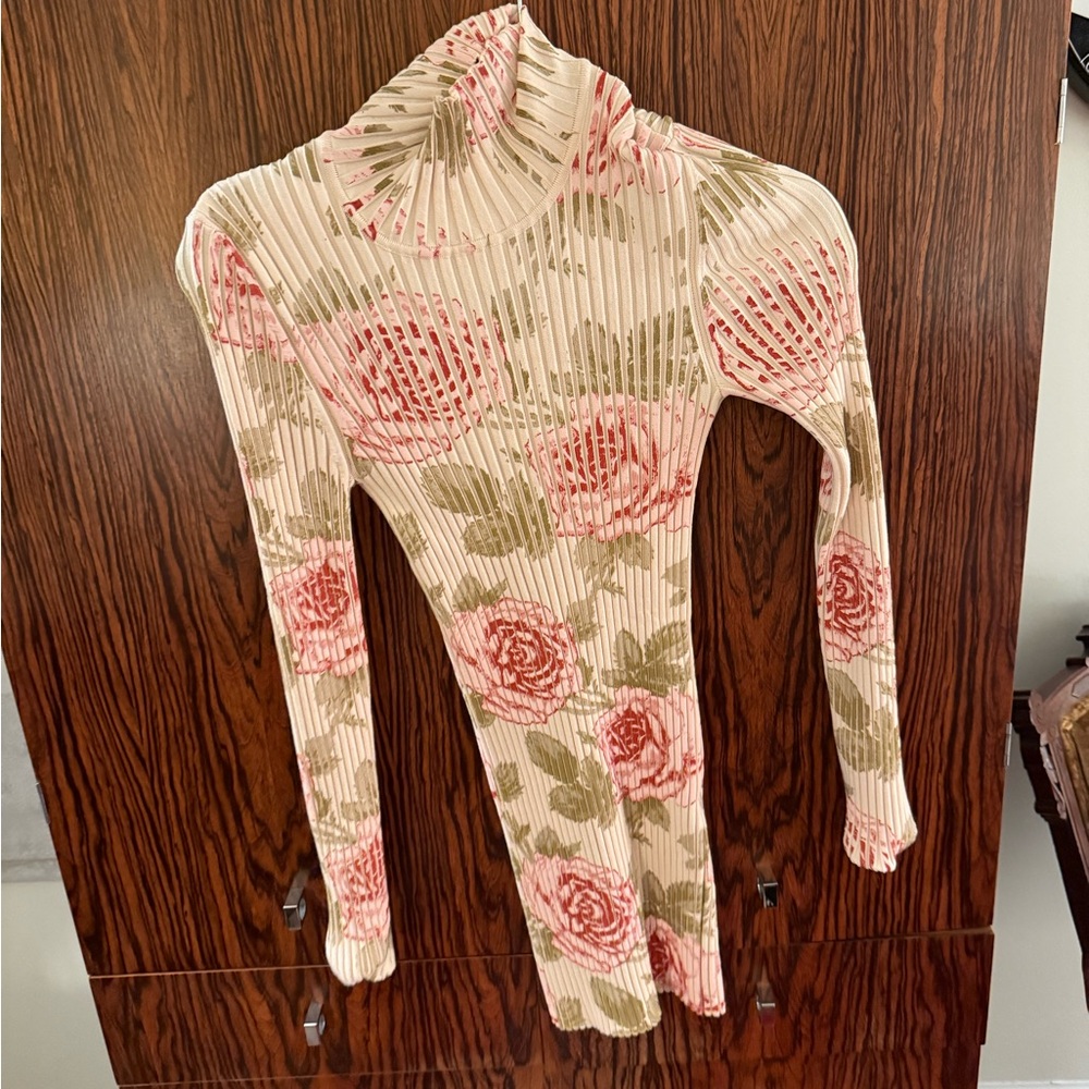 Paco rabbane floral Ribbed Turtleneck Dress — Pink Rose Print